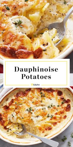 two images with the words dauphnoise potatoes on them