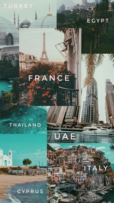 the collage shows different types of buildings and places in france, italy, turkey, egypt, and australia