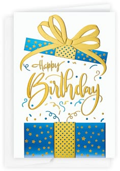 a birthday card with the words happy birthday written in gold and blue on top of it