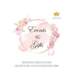 a business card with balloons and flowers on the front, says events & gifts deliver their final files with your business name