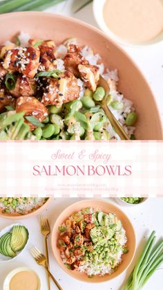 a bowl filled with rice, meat and vegetables next to other food on top of a table