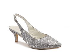 Silver Slingback Pumps With Rhinestones For Evening, Silver Rhinestone Slingback Pumps For Evening, Elegant Silver Slingback Pumps For Night Out, Silver Rhinestone Slingback Pumps For Party, Glamorous Silver Slingback Pumps For Prom, Silver Slingback Pumps For Evening, Silver Fitted Slingback Pumps For Party, Silver Slingback Heels With Rhinestones, Glamorous Silver Embellished Slingback Pumps