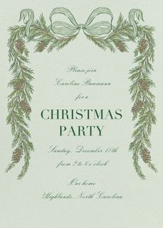 a green christmas party card with pine branches and bows on the front, in an ornate frame