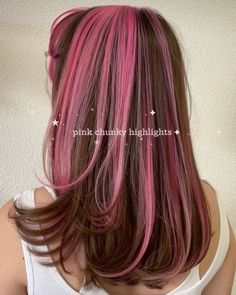 pink highlights Hair Inspo Pink Highlights, Colour Highlights Hair, Hair Highlight Color Ideas, Pink In Hair Brunette, Red Hair With Hot Pink Highlights, Cute Hair For Brown Hair, Hair Stencils Glitter, Pink Hair Black Streaks, Pink Streaks In Light Brown Hair