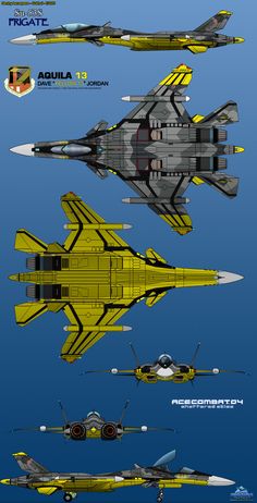 four different types of fighter jets are shown in this graphic art work, each with its own jet engine