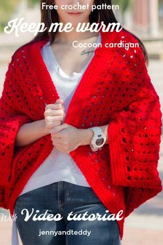 a woman wearing a red crochet shawl with the words keep me warm cocoon cardigan written below