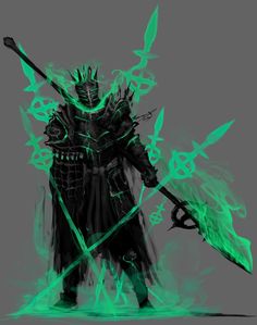 a drawing of a man with green paint holding two swords