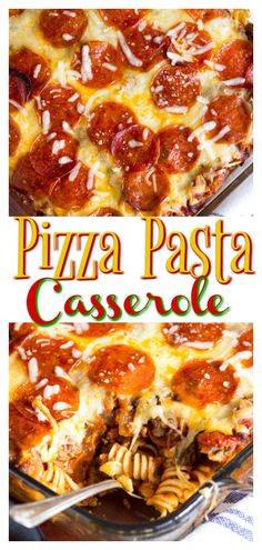 a pizza casserole with cheese and pepperoni