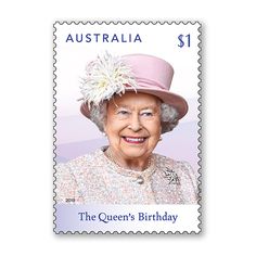 the queen's birthday postage stamp features an image of her wearing a pink hat