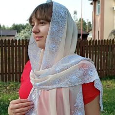 Elevate your style with this Christian Orthodox embroidered veil--a delicate, lightweight chiffon scarf that embodies both elegance and tradition. Meticulously crafted with personalized floral embroidery, this long cream scarf is perfect for women with discerning taste. Whether worn as a fashionable accessory or a versatile Orthodox head covering for church, it seamlessly integrates sophistication and spirituality into your everyday wardrobe. Wear this various ways, draped freely, wrapped around your neck or shoulders, fixed with a brooch, looped or tied on head. 📌 PECULIARITIES: ✶ Non slip. Chiffon 'Windy' holds perfectly as a headdress and does not require additional fixation! ✶ Retro-inspired scarf-making process: hand-drawn design -> precision of machine-hand embroidery -> hand delica Embroidered Scarves For Eid, Elegant White Shawl With Embroidered Border, Bohemian Scarves For Wedding And Eid, Embroidered Scarves For Wedding And Eid, Embroidered Wedding Scarves For Eid, White Headscarf For Wedding, Elegant Lace Dupatta, Cream Dupatta Shawl, Traditional Spring Wedding Shawl