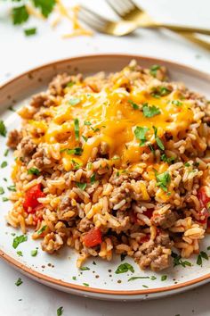 a white plate topped with rice covered in ground beef and cheese next to a fork