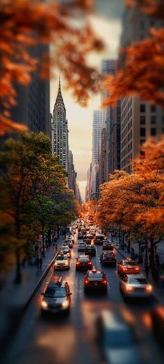 a city street filled with lots of traffic next to tall buildings and trees in the fall