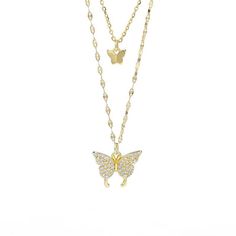 Introducing our Fluttering Elegance: Gold Butterfly Two Layer Necklace: a stunning piece adorned with butterfly pendants encrusted in cubic zirconia. This necklace exudes elegance and charm, perfect for any occasion. Elevate your style effortlessly with its versatile design and captivating sparkle. 18k Gold Plated Brass Smaller Link Chain Measures 14 Inches with 2 Inch Extension Longer Link Chain Measures 16 Inches Lobster Clasp Butterfly Pendant .5 Inches Imported 100% Happiness Guarantee Retur Elegant Gold Butterfly Necklace, Elegant Yellow Gold Butterfly Necklace With Adjustable Chain, Two Layer Necklace, Layered Necklaces Gold Butterfly, Elegant Gold Butterfly Pendant Necklace, Gold Plated Butterfly Pendant Necklace, Layer Necklace, Inspirational Bracelets, Jewelry Knots