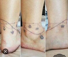 three pictures of the same person's foot with different tattoos on them, and one showing