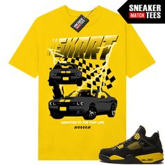 "Thunder 4s Jordan matching shirt by Sneaker Match Tees brand. Official Sneaker Match Tees shirt designed to match the Jordan 4 \"Thunder\" retro sneakers. *Sneakers are for matching purposes only, NOT included in the sale* True to size Men's shirt 100% Soft Cotton Regular Fit" Sporty Sneakers With Graphic Print For Summer, Sporty Graphic Print Sneakers For Summer, Sporty Graphic Print Summer Sneakers, Yellow Logo Print Sneakers For Streetwear, Sporty T-shirt For Streetwear, Sporty Comfort Fit T-shirt For Streetwear, Comfortable Sporty T-shirt For Streetwear, Retro Graphic Print Sneakers For Streetwear, Yellow Casual Sneakers With Graphic Print