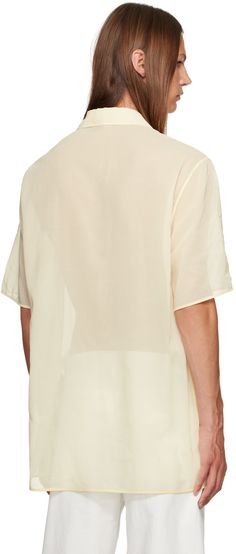 Semi-sheer cotton voile shirt. · Spread collar · Button closure Supplier color: Natural Sheer Silk V-neck Top, Sheer Button-up Workwear Tops, Sheer Button-up Tops For Workwear, Sheer Summer Workwear Blouse, Sheer Summer Blouse For Work, Sheer Tops For Summer Workwear, Classic Sheer Button-up Blouse, Sheer Silk Tops For Daywear, White Silk Short Sleeve Top