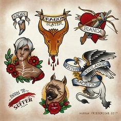 an old school tattoo design with different tattoos on the upper half of their arm and shoulder