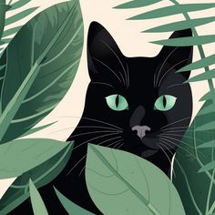 a black cat with green eyes sitting among leaves