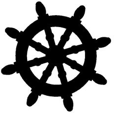 a black and white silhouette of a ship's wheel with four spokes on it