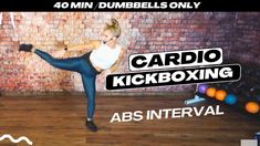 a woman doing a kickbox exercise with the words cardio kickboxing above her