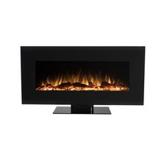 an electric fireplace with bright flames on the sides and black stand, against a white background