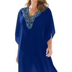 This Sexy, Flowy, Relaxed Silhouette Kimono Dress Has Open Side Splits With Asymmetrical Hem And Batwing Sleeves. The Eye Catching Deep V-Neck Is Hi-Lighted With Beautiful Rhinestone Details. It Is Suitable For The Beach, Pool Parties Or Tanning Salons. This Fashionable, Elegant, Comfortable Coverup Can Also Be Worn As A Casual Dress Or Lounging At Home. 100% Soft Smooth Polyester. 1/2x -Chest 58" 3/4x -Chest 64" Length Front 37" And Back 47" On Both Sizes. New With Tags. Price Is Firm! Navy Pencil Dress, Tanning Salons, Plus Size Rhinestone, Teal Floral Dress, Purple Floral Dress, Geometric Dress, Jersey Knit Dress, Floral Bodycon, Tommy Hilfiger Dress