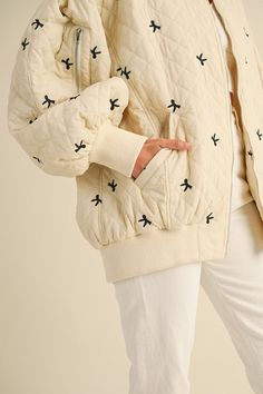 Fully lined ribbon bow embroidered quilted oversized zip up bomber jacket. 100% NylonLining: 95% Polyester 5% Spandex Surf Gear, Embroidered Quilts, My Darling, Kids Sale, Ribbon Bow, Pant Shirt, Embroidery Details, Club Outfits, Oversized Fits