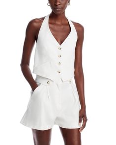 Veronica Beard Arabella Halter Vest Elegant Structured Tops For Summer, Elegant Structured Summer Tops, Chic Structured White Top, Chic White Structured Top, Chic Structured Tailored Tops, Luxury Sleeveless Summer Tops, Tailored White Summer Tops, White Fitted Structured Top, Luxury Formal Summer Tops