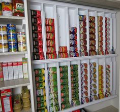 an organized pantry filled with canned food