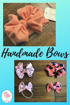 three different types of hair bows with the words handmade bows on top and bottom