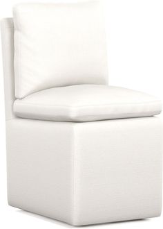 a white chair with a pillow on it's back and seat cushion in the shape of a rectangle