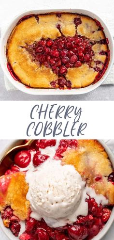 cherry cobbler with ice cream on top in a white dish, and the bottom is filled with cherries