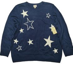 St John's Bay Womens Plus 1X Navy STARS 100% Acrylic Pullover LS Sweater NEW NEW with tags Please see photos and read description for item condition, and check measurements for size! Please note that different manufacturers may have different measurement for their sizes, So please check my measurements to ensure  fit. 3884 ABC Baby Octopus Costume, Estilo Hippy, Star Clothing, Navy Blue Sweater, Graphic Sweaters, Star Sweater, Girl Fits, Navy Shirt, Yellow Fashion