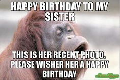 an orangutan looking at the camera with its mouth open and it says, happy birthday to my sister this is her recent photo pleaser