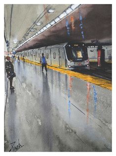 This is an art print of the original painting "Toronto Subway" hand painted by me. The Bloor-Yonge station is one of the busiest stations in the Toronto subway system, serving as a major transfer point between the east-west Bloor-Danforth line and the north-south Yonge-University line. The new Toronto Rocket subway trains, which feature improved accessibility, air conditioning, and a sleek, modern design. With its new trains and updated facilities, Bloor-Yonge station continues to play a vital r Toronto Painting, Subway Painting, Toronto Subway, Canada Landscape, Subway Train, Learn Watercolor, Border Print, Artist Signatures, Local Art