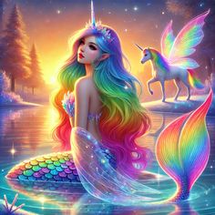 a painting of a mermaid sitting on top of a rainbow colored fish next to a unicorn