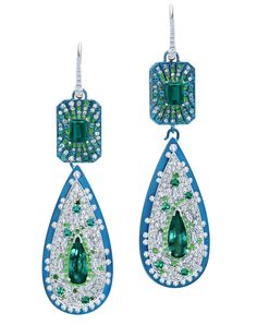 Couture statement earrings with diamonds and paraiba tourmaline in white gold, contemporary fine jewelry by Graziela Contemporary Fine Jewelry, Sparkling Jewelry, Indicolite Tourmaline, Big Jewelry, Sapphire Earrings Studs, Gem Diamonds, Titanium Earrings, Sapphire Studs, Paraiba Tourmaline