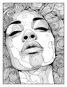 a black and white drawing of a woman's face with swirls on it