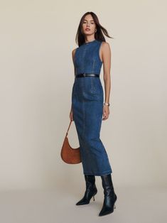 Kendi Denim Midi Dress Denim Dress Outfit, Sustainable Denim, Denim Midi Dress, Stretch Denim Fabric, School Aesthetic, Denim Trends, Law School, Midi Dress Sleeveless, Style Outfits