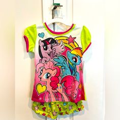 100% Polyester. Flame Resistant. Shorts & Tee. Mlp Pajamas, Disney Pajamas Kids Size 12, Girls Pajamas, Kids Pajamas, Pajama Set, My Little Pony, Kids Shop, Pajamas, Green