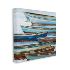 several small boats floating in the water on a sunny day canvas wall art print by person