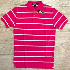 Brand New, Never Worn Pink And White Striped Polo By Ralph Lauren 100% Cotton Size: Men’s Small *Smoke And Pet Free Home Striped Fitted Polo Shirt For Spring, Summer Fitted Striped Polo Shirt, Fitted Striped Polo Shirt For Summer, Classic Pink T-shirt For Summer, Pink Polo Collar Top For Summer, Classic Pink Summer Top, Classic Pink Summer Tops, Classic Pink Tops For Summer, Pink Fitted Polo Shirt For Spring