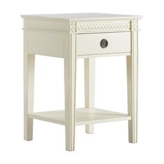 a small white table with drawers on one side and an open drawer on the other