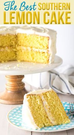 the best southern lemon cake is on a blue and white plate with a slice taken out