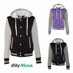 This MV Sport Ladies' Varsity bomber jacket  is a perfect addition to your wardrobe for those days you need keep warm. For measurements please check the last picture. Varsity Cotton Long Sleeve Hooded Jacket, Varsity Cotton Hooded Jacket With Long Sleeves, Cotton Varsity Hooded Jacket With Long Sleeves, Winter Varsity Hooded Sweatshirt, Varsity Sweatshirt With Adjustable Hood For Fall, Hooded Cotton Varsity Jacket For Sports Season, Fall Varsity Sweatshirt With Adjustable Hood, Cotton Hooded Varsity Jacket, Hooded Fleece Varsity Jacket For Fall