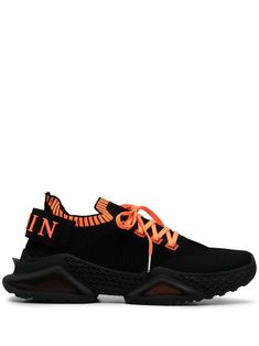 jet black intarsia knit logo pull-tab at the heel front lace-up fastening branded insole round toe chunky rubber sole Black Runners, Low Top Jordans, Knit Logo, Balenciaga Triple S, Black And Orange, Philipp Plein, Designer Sneakers, Black Orange, Nike Dunks