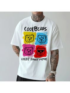 Men Youth T-Shirts, Four-color Bear Head Printed Trendy T-shirt Cool White T-shirt For Summer, Multicolor Logo Print T-shirt For Streetwear, Cool White Crew Neck T-shirt, Cool White Tops With Graphic Design, Cool White T-shirt With Screen Print, Cool White Summer T-shirt, Casual Multicolor Logo Print T-shirt, Casual Multicolor T-shirt With Logo Print, Cool White T-shirt For Streetwear