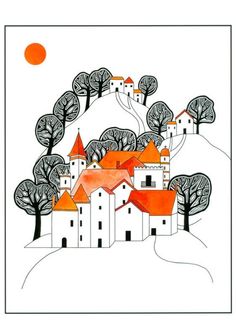 an orange and white drawing of a castle in the snow with trees on it's sides