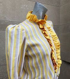 Shoulders 15 inches Sleeves 15 inches Bust 40 inches Waist 34 inches Length 22 inches Excellent condition! Fitted Yellow Vintage Blouse, Yellow And White Striped Shirt, Vintage Yellow Top With Ruffles, Vintage Yellow Blouse With Buttons, Vintage Yellow Collared Blouse, Vintage Yellow Ruffled Top, Checked Jacket, Eagle Eye, Blood Orange