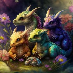 three different colored dragon sitting on the ground next to flowers and a turtle in front of them